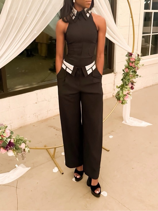 Hanifa Pants - HANIFA Black Halter-Neck Wide Leg Jumpsuit with White TriM